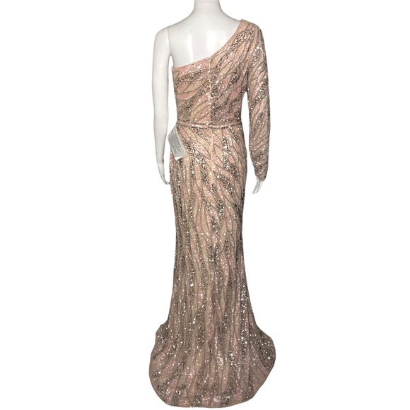 NWT Mac Duggal 4982 Rose Gold Embellished One Shoulder Gown w Sequin Belt - Sz 4 - Picture 7 of 13